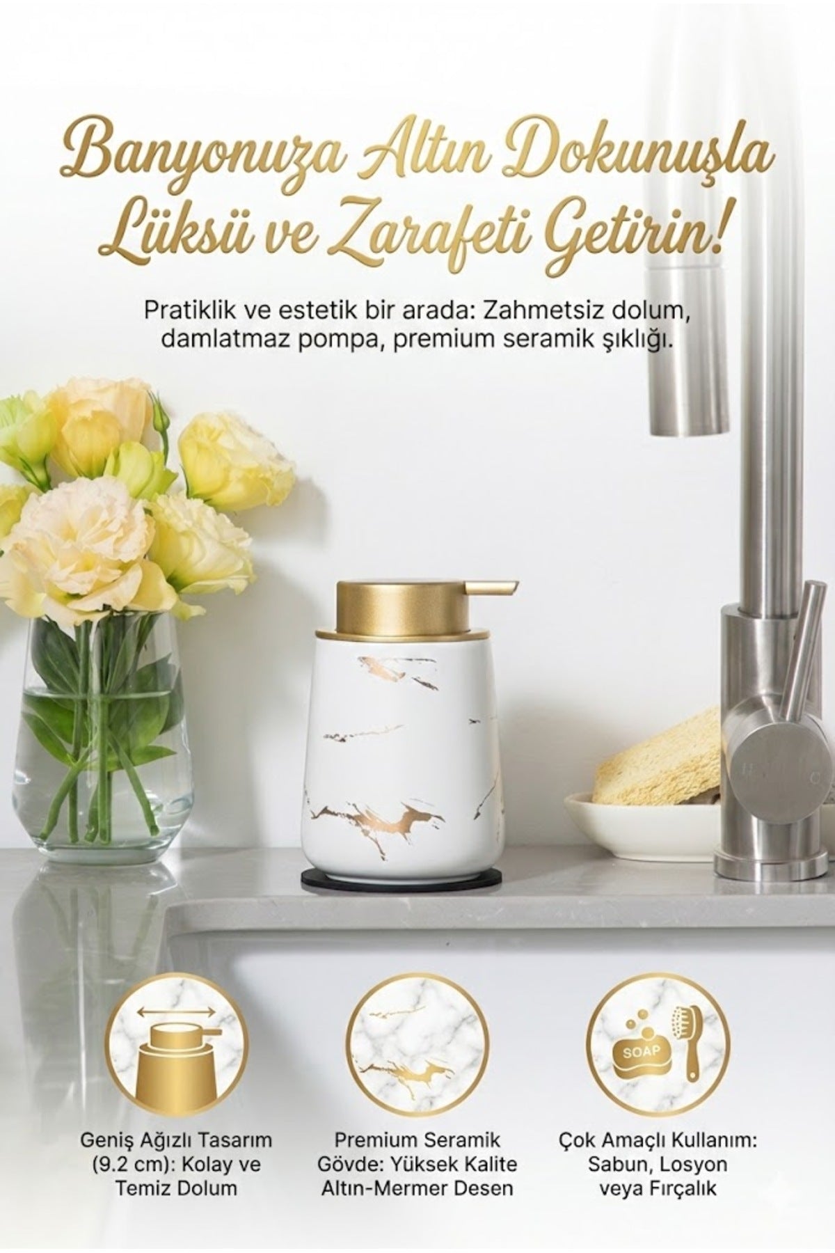 Lüks Mermer Desenli Seramik Banyo ve Mutfak Sıvı Sabunluk